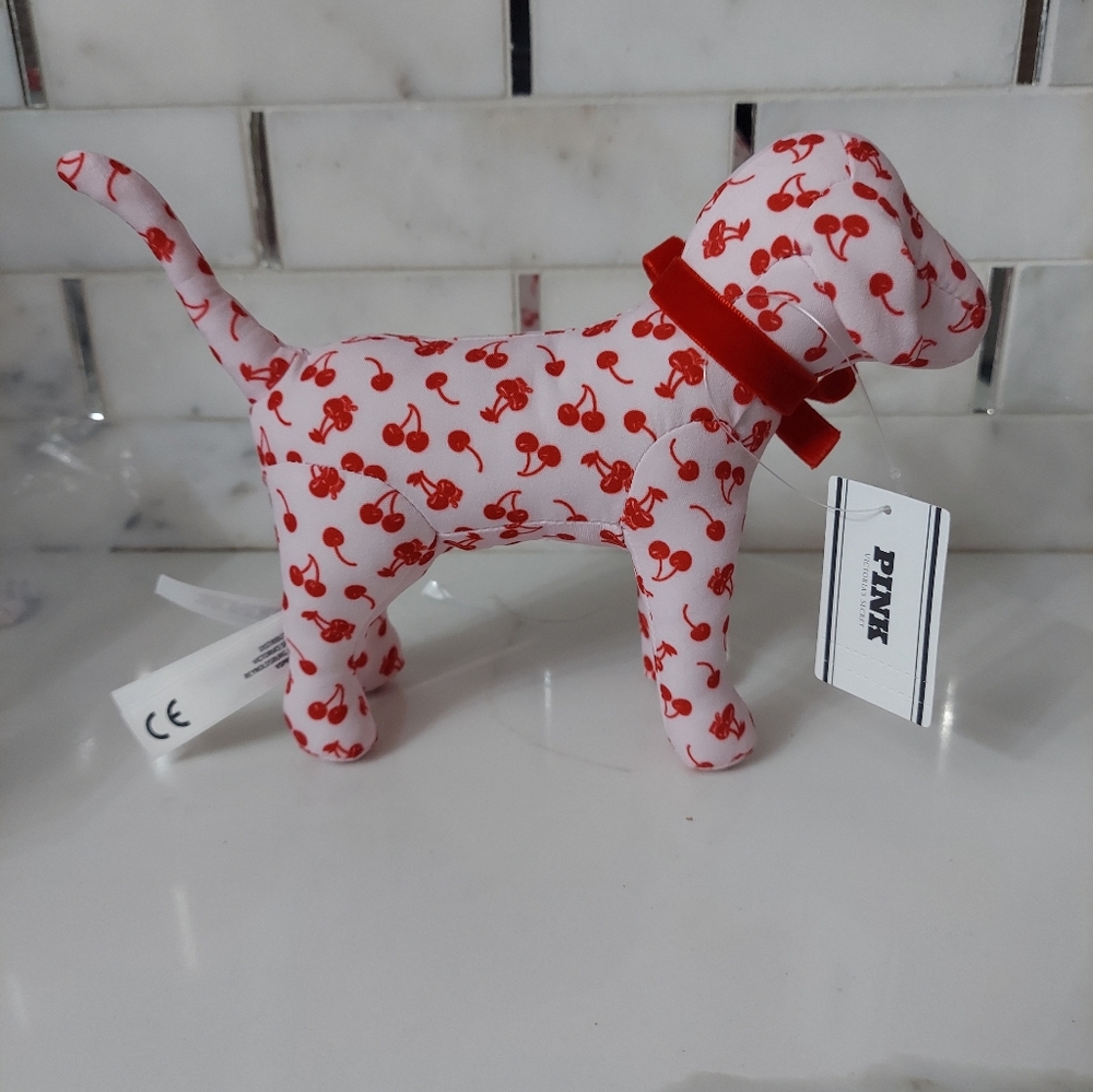 Victoria's secret PINK cherry print collectible mini dog with red velvet bow